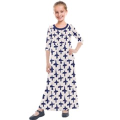 Pattern Ink Blue Navy Crosses Grunge Flesh And Navy Pattern Ink Crosses Grunge Flesh Beige Background Kids  Quarter Sleeve Maxi Dress by genx