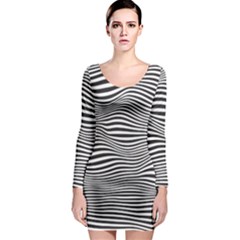 Retro Psychedelic Waves Pattern 80s Black And White Long Sleeve Bodycon Dress by genx