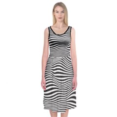 Retro Psychedelic Waves Pattern 80s Black And White Midi Sleeveless Dress by genx