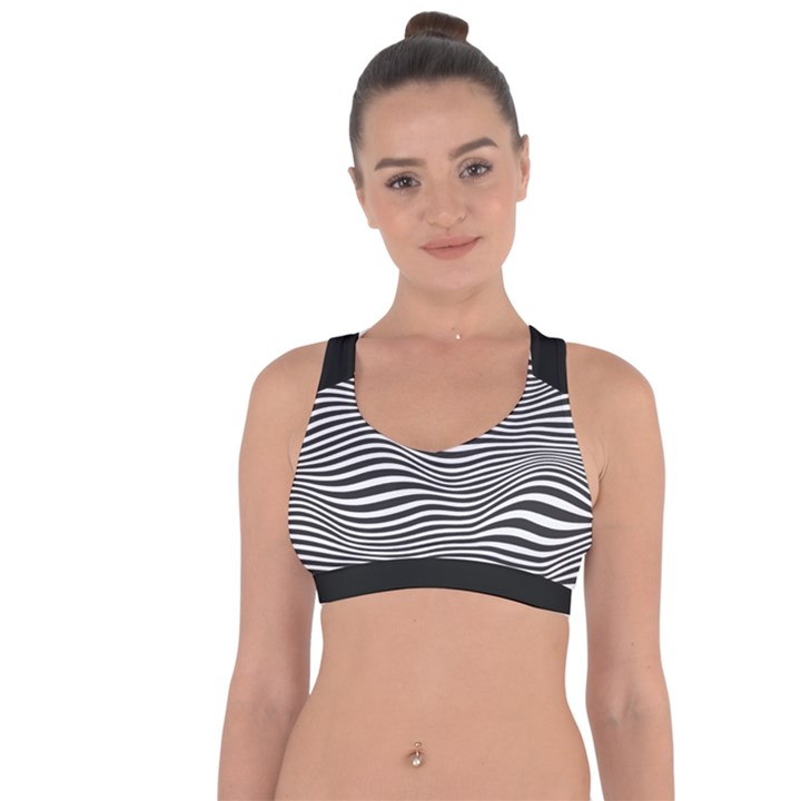 Retro Psychedelic Waves pattern 80s Black and White Cross String Back Sports Bra