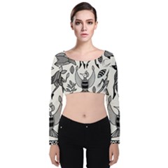 African Senufo Korhogo Tribal Ethnic Art Elements Vector Velvet Long Sleeve Crop Top