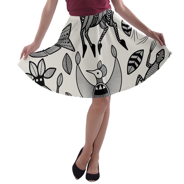 African Senufo Korhogo Tribal Ethnic Art Elements Vector A-line Skater Skirt