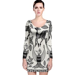 African Senufo Korhogo Tribal Ethnic Art Elements Vector Long Sleeve Velvet Bodycon Dress