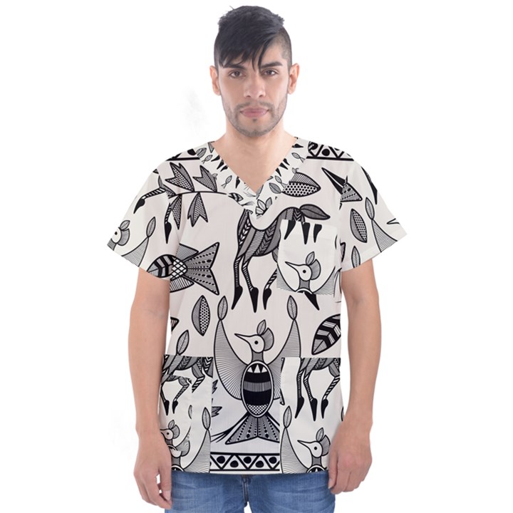 African Senufo Korhogo Tribal Ethnic Art Elements Vector Men s V-Neck Scrub Top