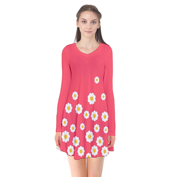 Flowers White Daisies Pattern Red Background Flowers White Daisies Pattern Red Bottom Long Sleeve V-neck Flare Dress