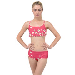 Flowers White Daisies Pattern Red Background Flowers White Daisies Pattern Red Bottom Layered Top Bikini Set