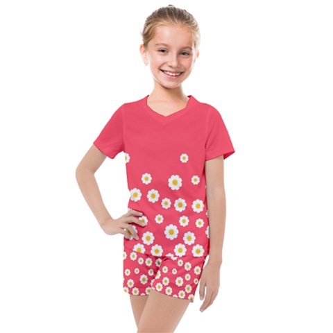 Flowers White Daisies Pattern Red Background Flowers White Daisies Pattern Red Bottom Kids  Mesh Tee And Shorts Set by genx