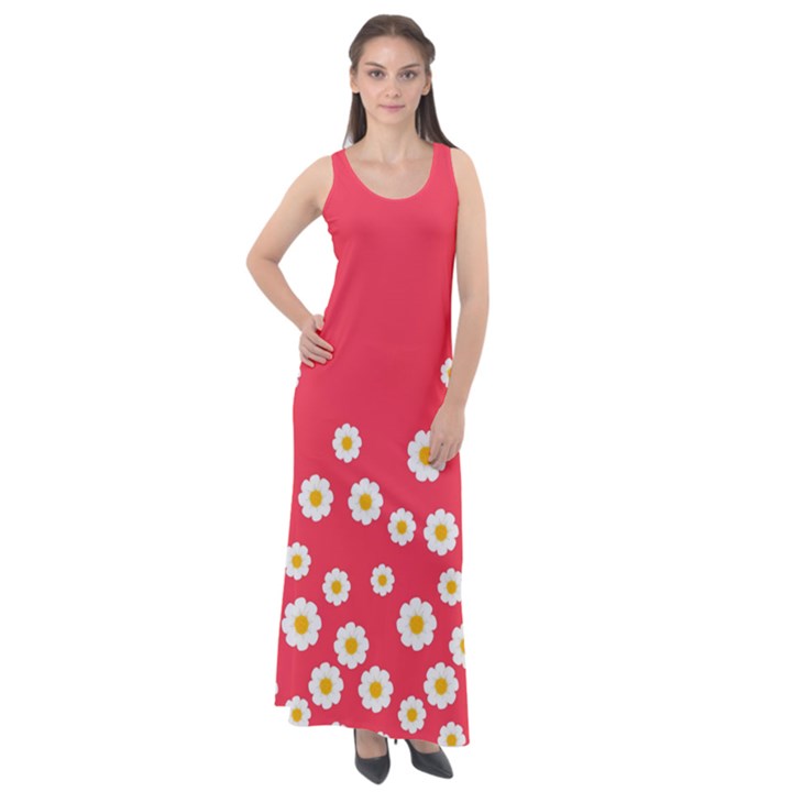 Flowers White Daisies Pattern Red Background Flowers White Daisies Pattern Red Bottom Sleeveless Velour Maxi Dress