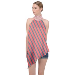 Living Coral Diagonal Stripes Halter Asymmetric Satin Top by LoolyElzayat