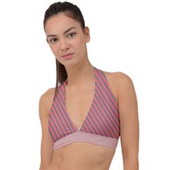 Living Coral Diagonal Stripes Halter Plunge Bikini Top by LoolyElzayat