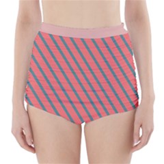 Living Coral Diagonal Stripes High-waisted Bikini Bottoms by LoolyElzayat