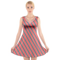 Living Coral Diagonal Stripes V-neck Sleeveless Dress by LoolyElzayat