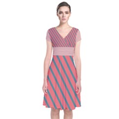 Living Coral Diagonal Stripes Short Sleeve Front Wrap Dress by LoolyElzayat