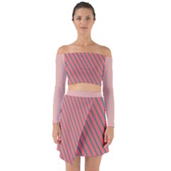 Living Coral Diagonal Stripes Off Shoulder Top With Skirt Set by LoolyElzayat