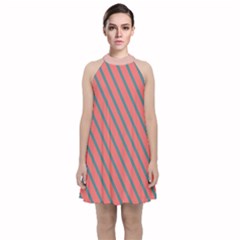 Living Coral Diagonal Stripes Velvet Halter Neckline Dress  by LoolyElzayat