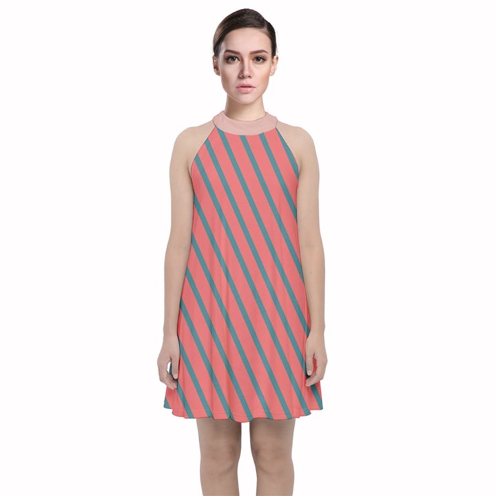 Living Coral Diagonal Stripes Velvet Halter Neckline Dress 