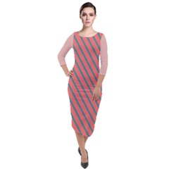 Living Coral Diagonal Stripes Quarter Sleeve Midi Velour Bodycon Dress