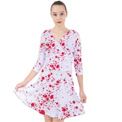 Red And White Splatter Abstract Print Quarter Sleeve Front Wrap Dress