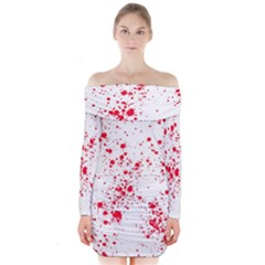 Red And White Splatter Abstract Print Long Sleeve Off Shoulder Dress by dflcprintsclothing