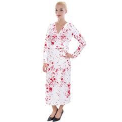 Red And White Splatter Abstract Print Velvet Maxi Wrap Dress