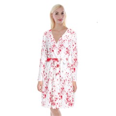 Red And White Splatter Abstract Print Long Sleeve Velvet Front Wrap Dress