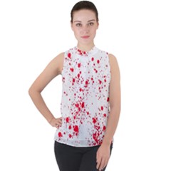 Red And White Splatter Abstract Print Mock Neck Chiffon Sleeveless Top