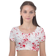 Red And White Splatter Abstract Print Velvet Short Sleeve Crop Top 