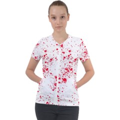 Red And White Splatter Abstract Print Short Sleeve Zip Up Jacket