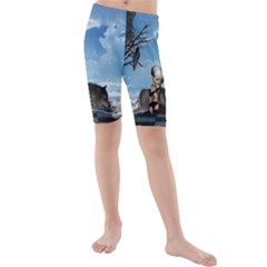 Cute Little Fairy With Wolf On The Beach Kids  Mid Length Swim Shorts by FantasyWorld7