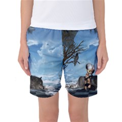 Cute Little Fairy With Wolf On The Beach Women s Basketball Shorts by FantasyWorld7