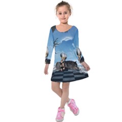 Cute Little Fairy With Wolf On The Beach Kids  Long Sleeve Velvet Dress by FantasyWorld7