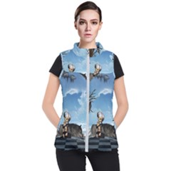 Cute Little Fairy With Wolf On The Beach Women s Puffer Vest