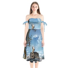 Cute Little Fairy With Wolf On The Beach Shoulder Tie Bardot Midi Dress