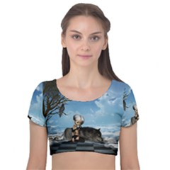 Cute Little Fairy With Wolf On The Beach Velvet Short Sleeve Crop Top  by FantasyWorld7