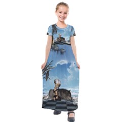 Cute Little Fairy With Wolf On The Beach Kids  Short Sleeve Maxi Dress by FantasyWorld7