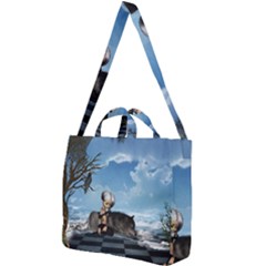 Cute Little Fairy With Wolf On The Beach Square Shoulder Tote Bag by FantasyWorld7