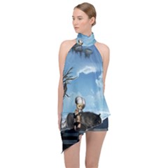 Cute Little Fairy With Wolf On The Beach Halter Asymmetric Satin Top by FantasyWorld7