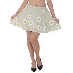 White Daisies Flower Pattern On Vintage Pastel Beige Background Retro Style Velvet Skater Skirt by genx