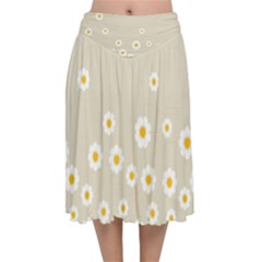 White Daisies Flower Pattern On Vintage Pastel Beige Background Retro Style Velvet Flared Midi Skirt by genx