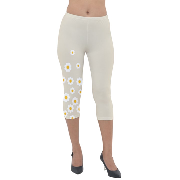 White Daisies Flower Pattern on vintage pastel beige Background retro style Lightweight Velour Capri Leggings 