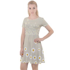 White Daisies Flower Pattern On Vintage Pastel Beige Background Retro Style Cap Sleeve Velour Dress 