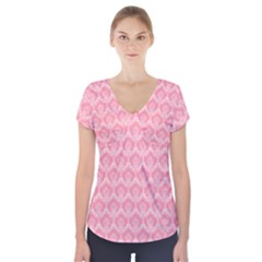 Damask Floral Design Seamless Short Sleeve Front Detail Top by Pakrebo