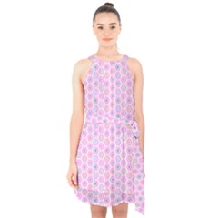 A Hexagonal Pattern Unidirectional Halter Collar Waist Tie Chiffon Dress by Pakrebo