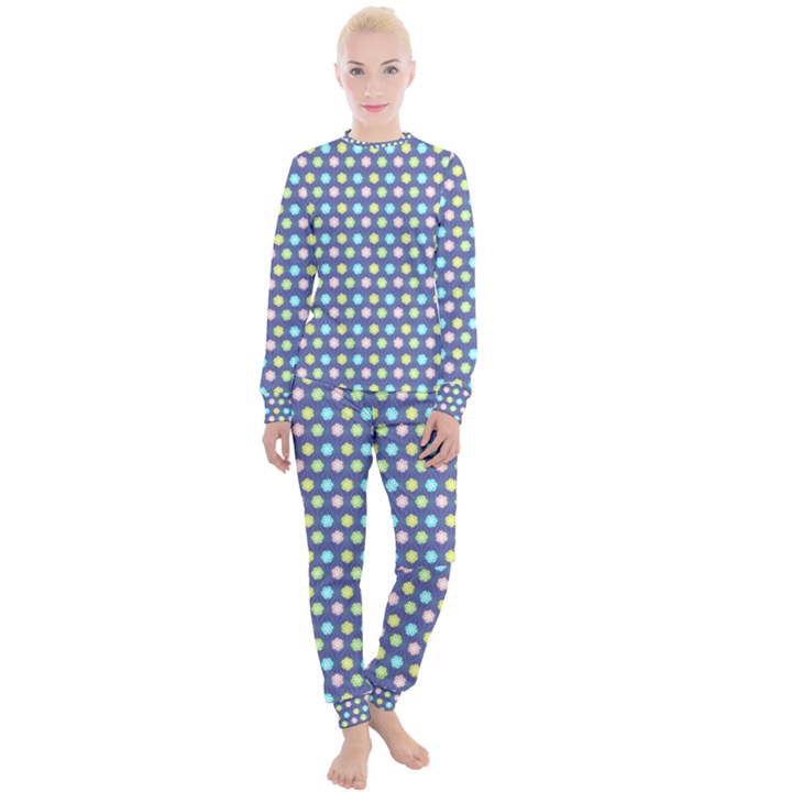 Deep Blue Hemp Pattern Flowers Women s Lounge Set