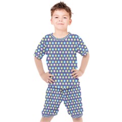 Deep Blue Hemp Pattern Flowers Kids  Tee And Shorts Set