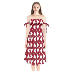 Graphic Heart Pattern Red White Shoulder Tie Bardot Midi Dress