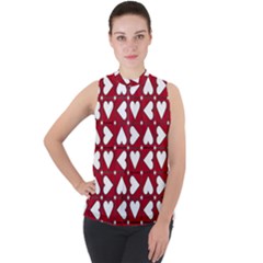 Graphic Heart Pattern Red White Mock Neck Chiffon Sleeveless Top by Pakrebo