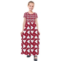 Graphic Heart Pattern Red White Kids  Short Sleeve Maxi Dress by Pakrebo