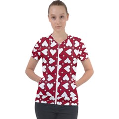 Graphic Heart Pattern Red White Short Sleeve Zip Up Jacket by Pakrebo