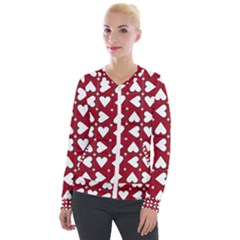 Graphic Heart Pattern Red White Velour Zip Up Jacket